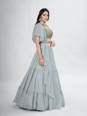 Grey Boat Neck Mirror Work Lehenga Choli Set 2