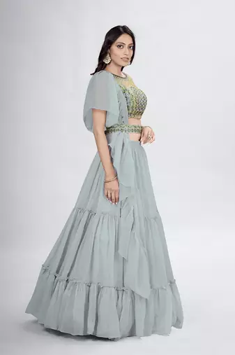 Grey Boat Neck Mirror Work Lehenga Choli Set