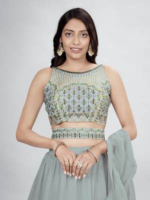 Grey Boat Neck Mirror Work Lehenga Choli Set 4