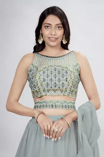 Grey Boat Neck Mirror Work Lehenga Choli Set