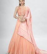 Orange Embroidered Sweetheart Neck Lehenga Choli Set