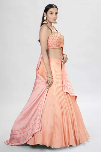 Orange Embroidered Sweetheart Neck Lehenga Choli Set