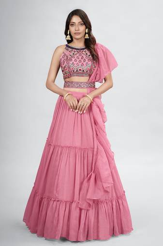 Elegant Rose Pink Embroidered Lehenga Choli Set