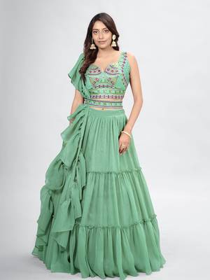 Sage Green Embroidered Bead Work Lehenga Choli Set 1