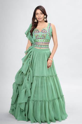 Sage Green Embroidered Bead Work Lehenga Choli Set
