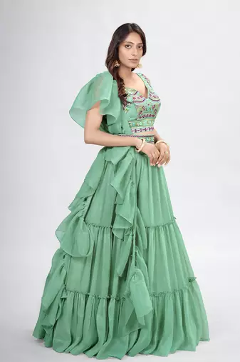 Sage Green Embroidered Bead Work Lehenga Choli Set