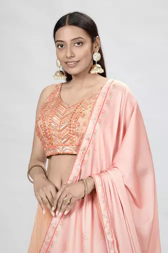 Orange Embroidered Sweetheart Neck Lehenga Choli Set