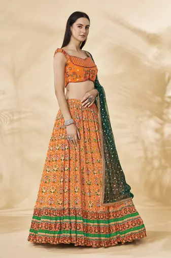 Orange Embroidered Festive Lehenga Choli Set