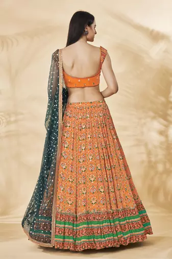 Orange Embroidered Festive Lehenga Choli Set