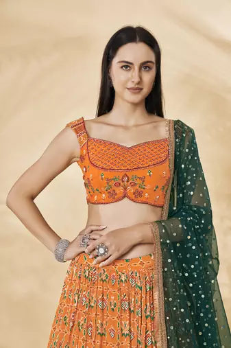 Orange Embroidered Festive Lehenga Choli Set