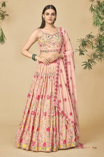 Peach Georgette Base Readymade Lehenga Choli With Dupatta