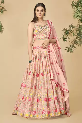 Peach Georgette Base Readymade Lehenga Choli With Dupatta