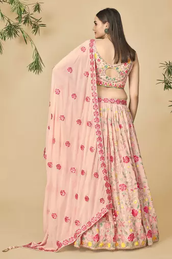 Peach Georgette Base Readymade Lehenga Choli With Dupatta