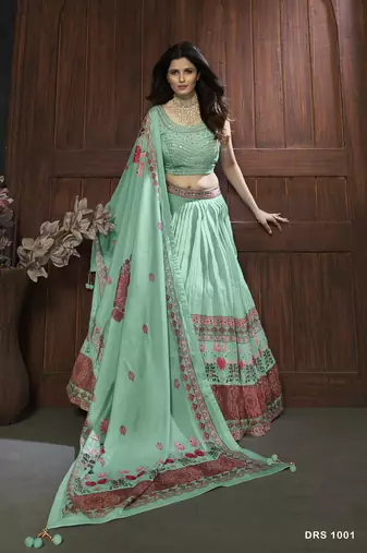 Sea Green Embroidered Round Neck Lehenga Choli