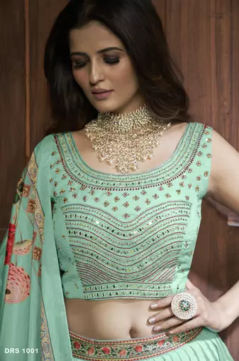 Sea Green Embroidered Round Neck Lehenga Choli