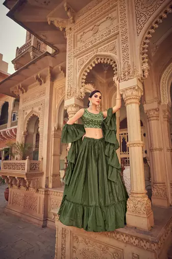Olive Green U-Neck Embroidered Lehenga Choli