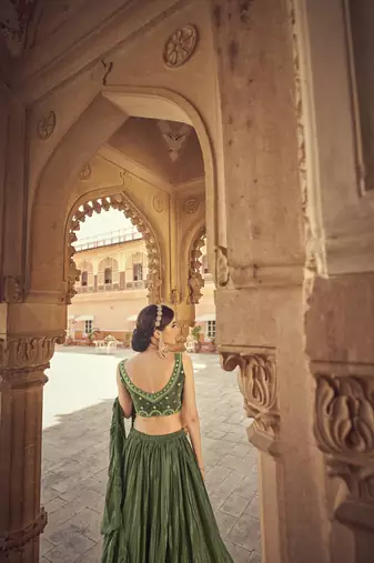 Olive Green U-Neck Embroidered Lehenga Choli