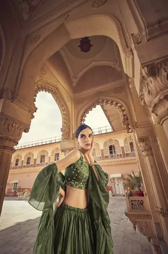 Olive Green U-Neck Embroidered Lehenga Choli