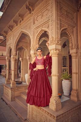 Maroon Scoop Neck Embroidered Lehenga Choli 1