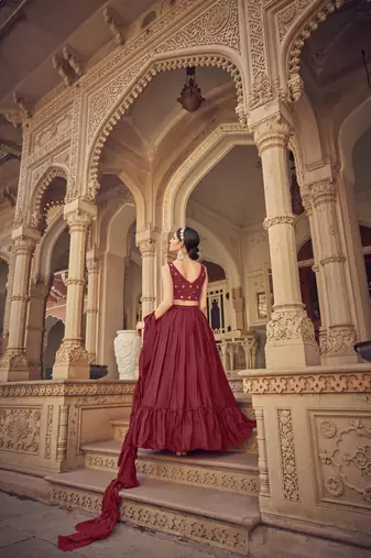 Maroon Scoop Neck Embroidered Lehenga Choli