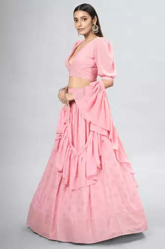 Soft Pink Embroidered Lehenga Choli with Ruffled Dupatta