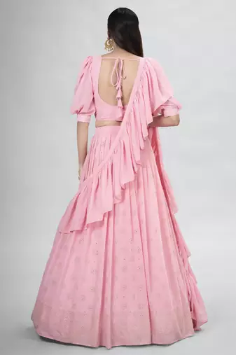 Soft Pink Embroidered Lehenga Choli with Ruffled Dupatta