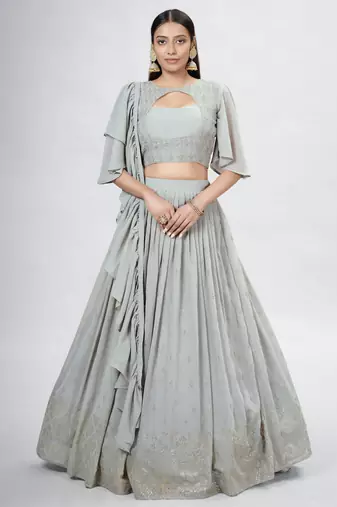 Grey Keyhole Neck Embroidered Lehenga Choli Set