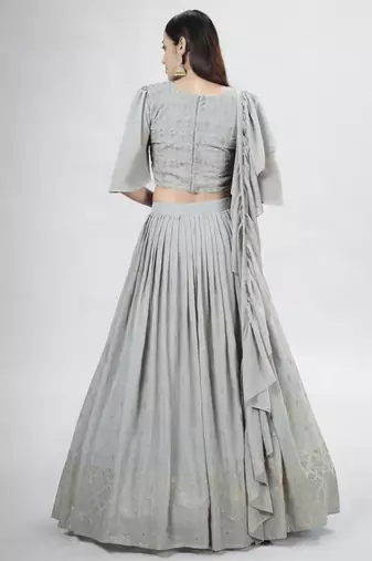 Grey Keyhole Neck Embroidered Lehenga Choli Set
