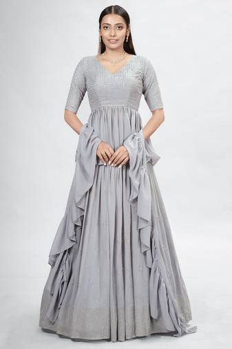 Grey Embroidered Lehenga Choli with Ruffled Dupatta