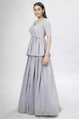 Grey Embroidered Lehenga Choli with Ruffled Dupatta