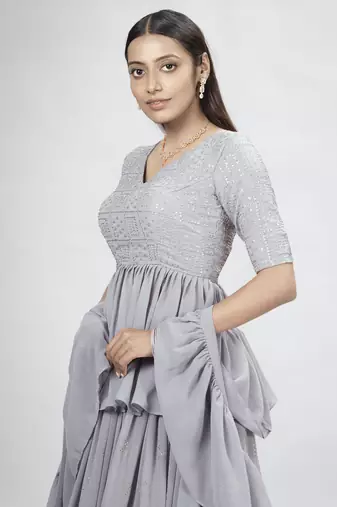 Grey Embroidered Lehenga Choli with Ruffled Dupatta