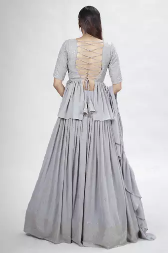 Grey Embroidered Lehenga Choli with Ruffled Dupatta