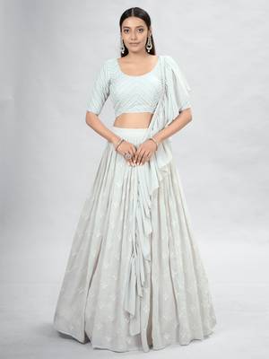 Off-White Embroidered Lehenga Choli with Ruffled Dupatta 1