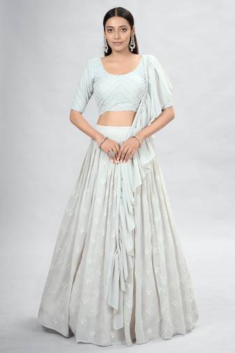 Off-White Embroidered Lehenga Choli with Ruffled Dupatta