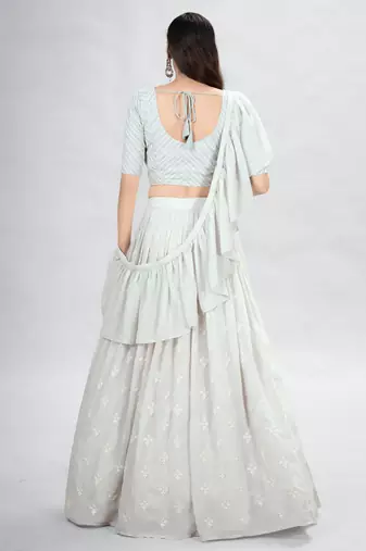 Off-White Embroidered Lehenga Choli with Ruffled Dupatta