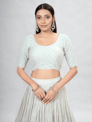 Off-White Embroidered Lehenga Choli with Ruffled Dupatta 4