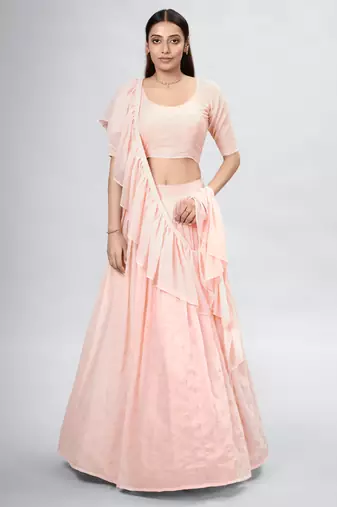 Peach Embroidered Lehenga Choli with Ruffled Dupatta