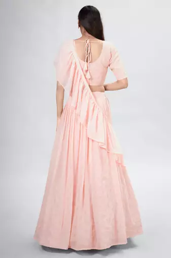 Peach Embroidered Lehenga Choli with Ruffled Dupatta