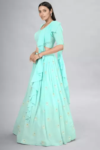 Turquoise blue Embroidered Lehenga Choli Set