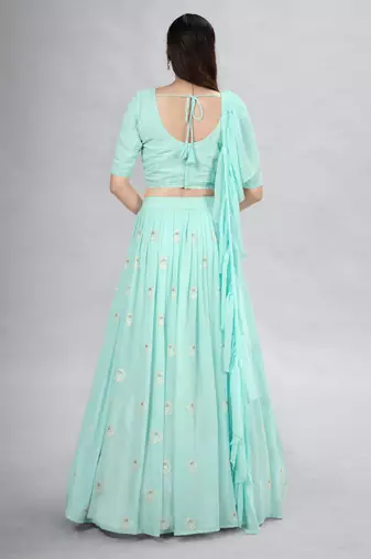 Turquoise blue Embroidered Lehenga Choli Set