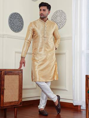Gold jacquard Mens Kurta Pajamas Set 1