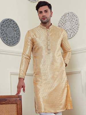 Gold jacquard Mens Kurta Pajamas Set 2