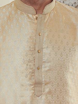 Gold jacquard Mens Kurta Pajamas Set 3