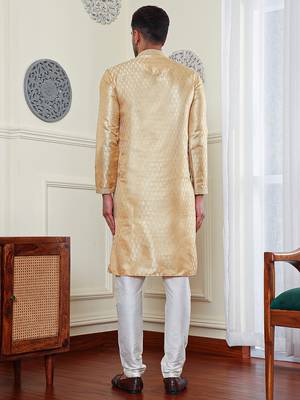 Gold jacquard Mens Kurta Pajamas Set 4