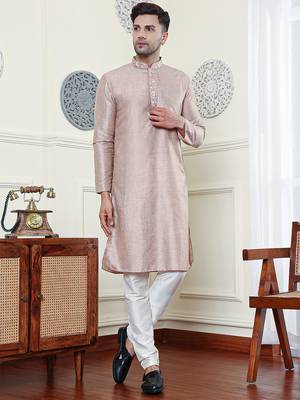 Pink Embroidery Mens Kurta Pajamas Set 1