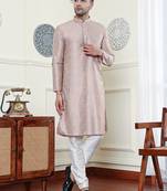 Pink Embroidery Mens Kurta Pajamas Set