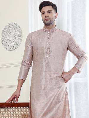 Pink Embroidery Mens Kurta Pajamas Set 2