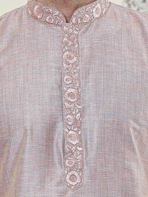 Pink Embroidery Mens Kurta Pajamas Set 3