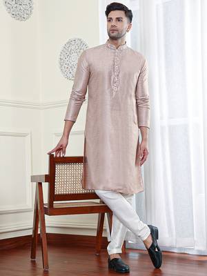 Pink Embroidery Mens Kurta Pajamas Set 4