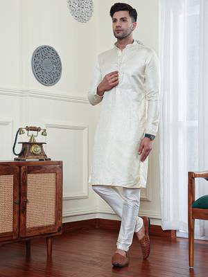 Cream jacquard Zari Work Mens Kurta Pajamas Set 1